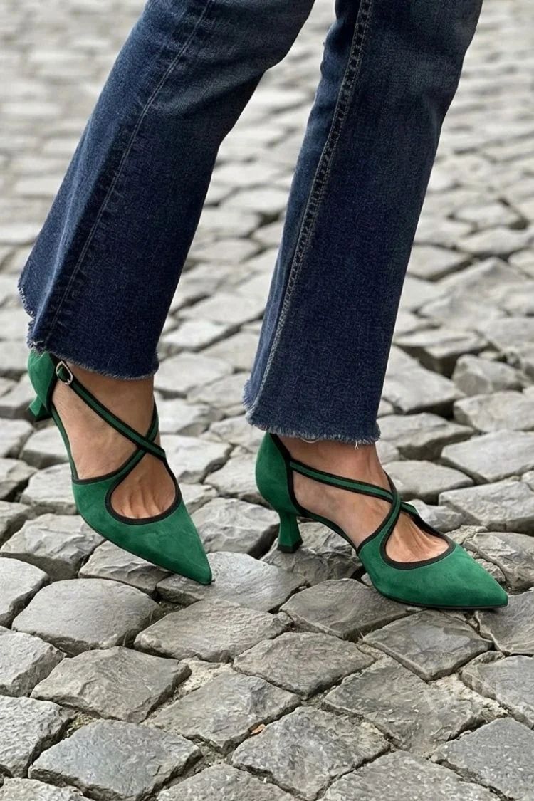 Khaki Solid-Colour Pointed-Toe Low Heels with Buckle and Crossover Straps