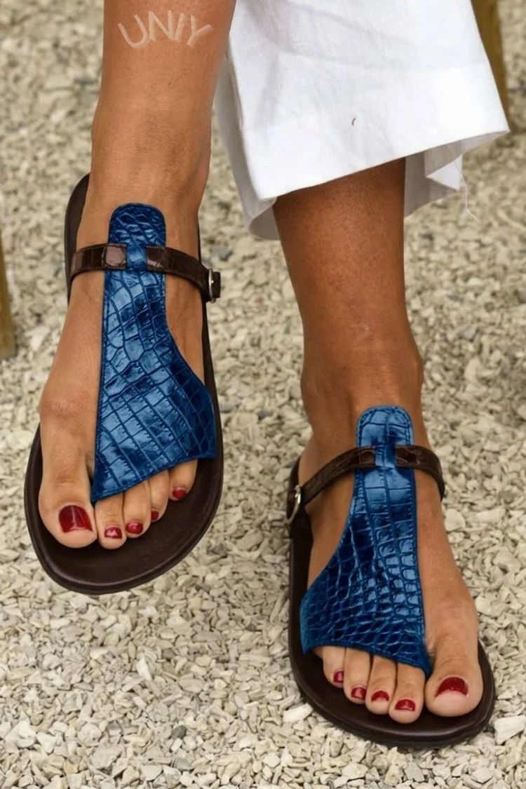 Crocodile-Effect Thong Sandals with Buckled Instep Strap