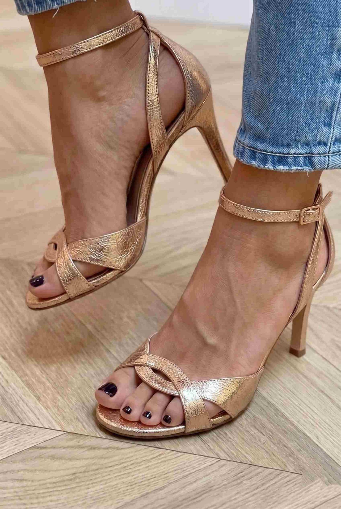 Metallic Rose Gold Strappy Open-Toe Stiletto Court Shoes