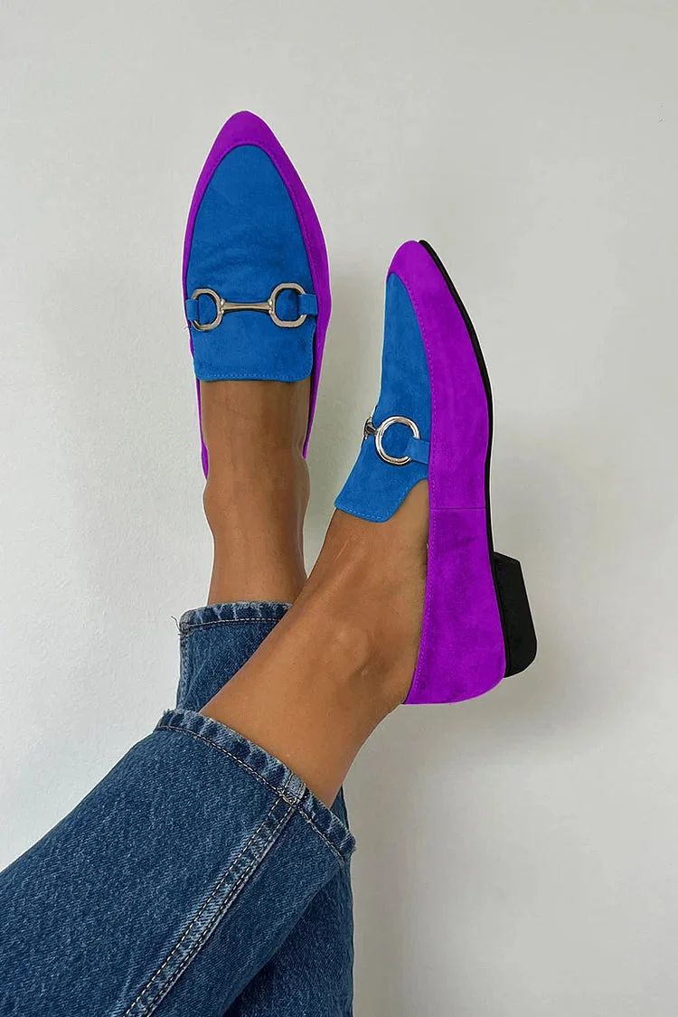 Retro Matt Colour-Block Pointed-Toe Flats with Buckle