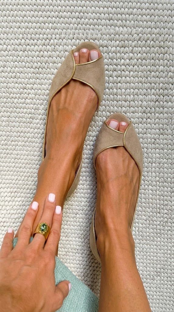 Beige and Gold Suede Open-Toe D'Orsay Flats