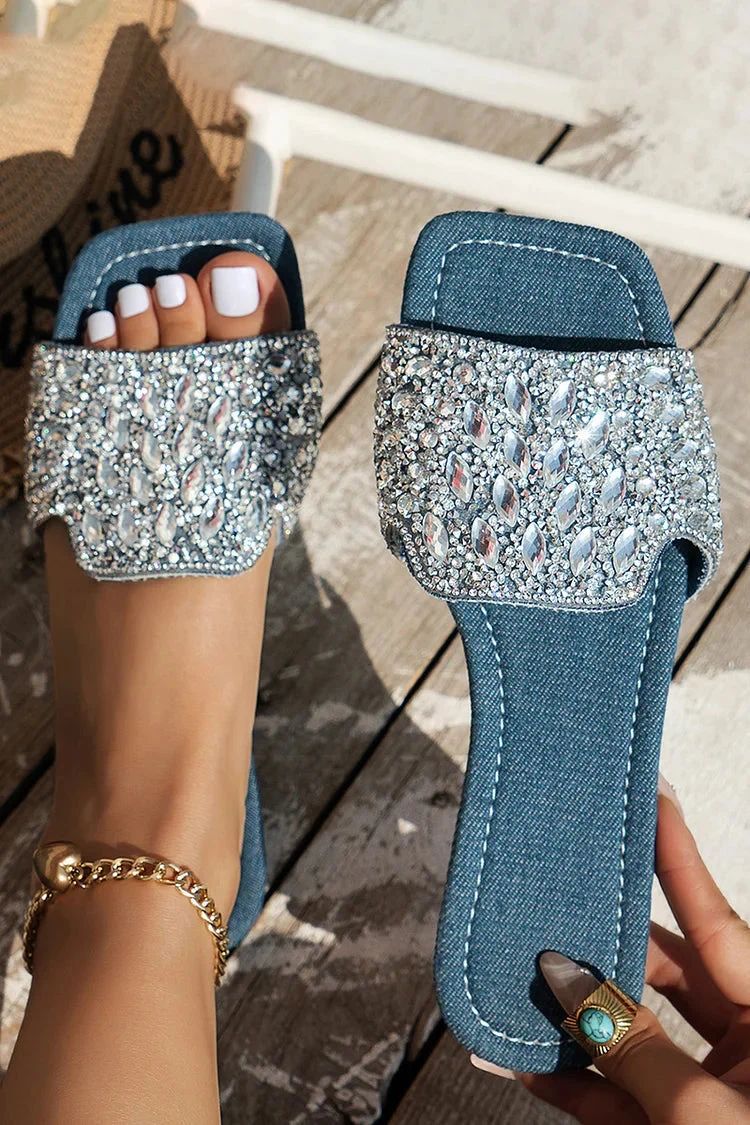 Blue Square-Toe Slippers with Stitching and Diamantes