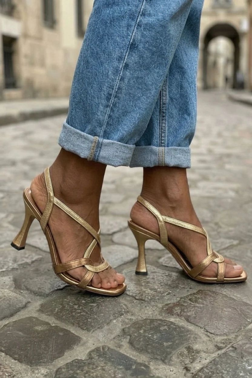 Metallic Gold Stiletto Sandals with Crossover Straps