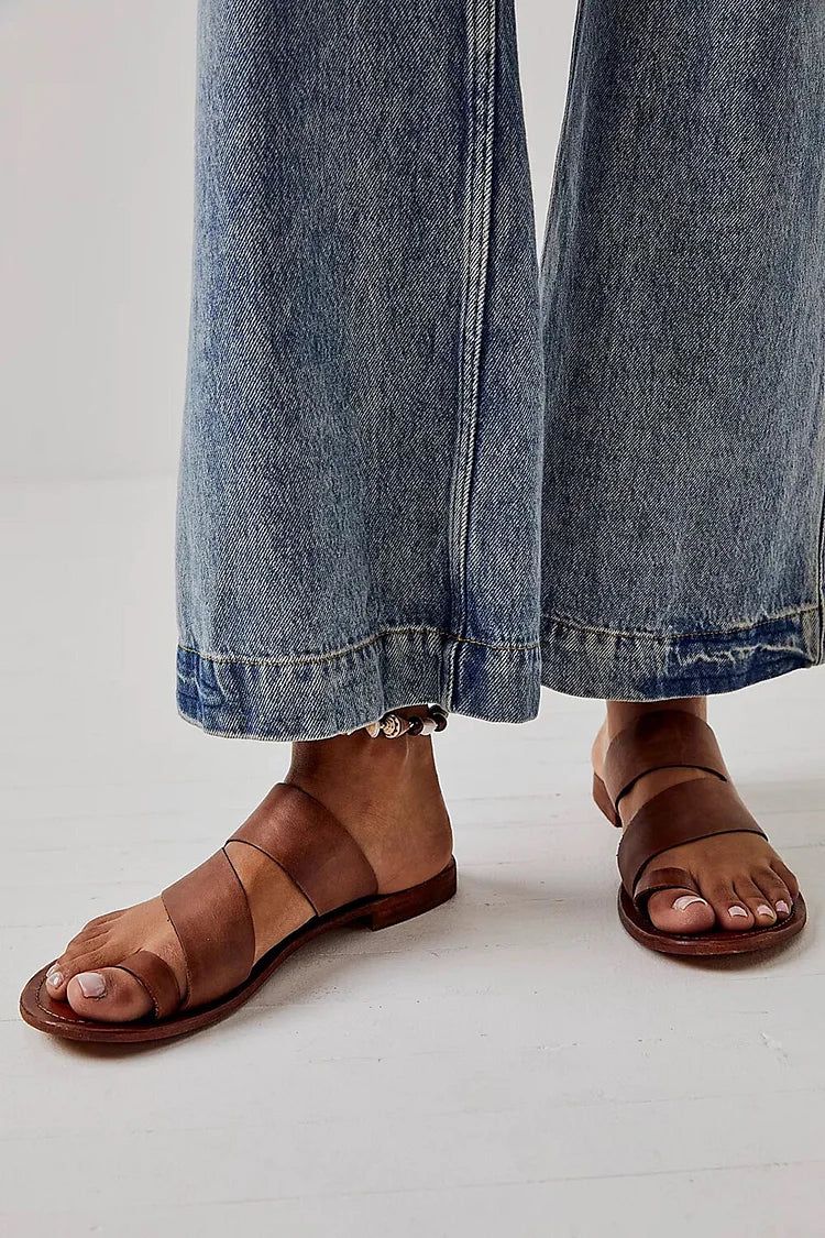 Simple Brown Asymmetric Cut-Out Sandals with Toe Loop