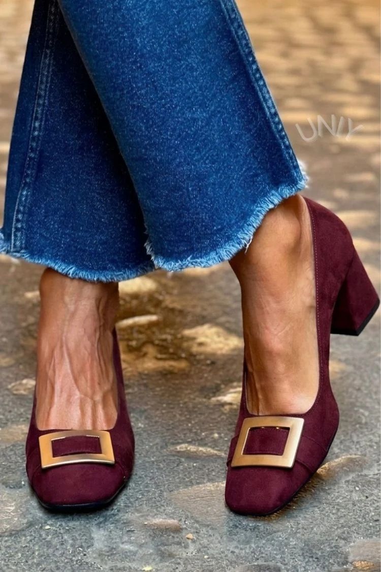Navy Patchwork Square-Toe Block Heels