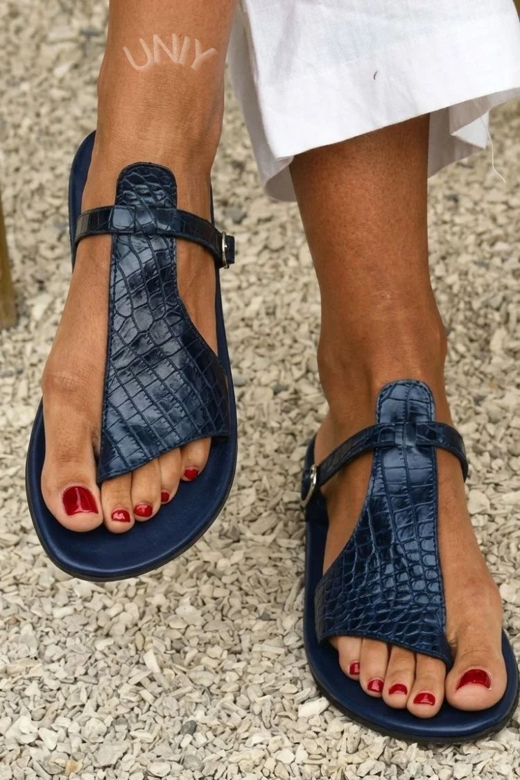 Crocodile-Effect Thong Sandals with Buckled Instep Strap