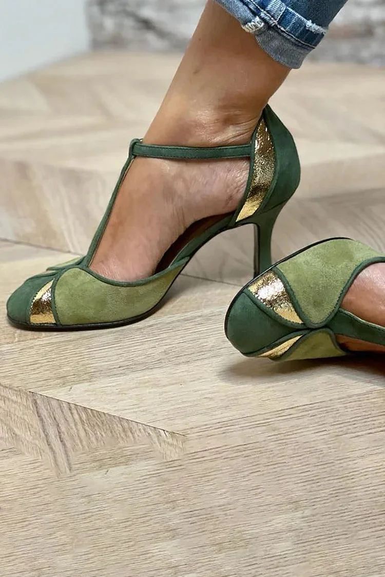 Closed-Toe Patchwork Stilettos with Buckle and T-Bar Strap