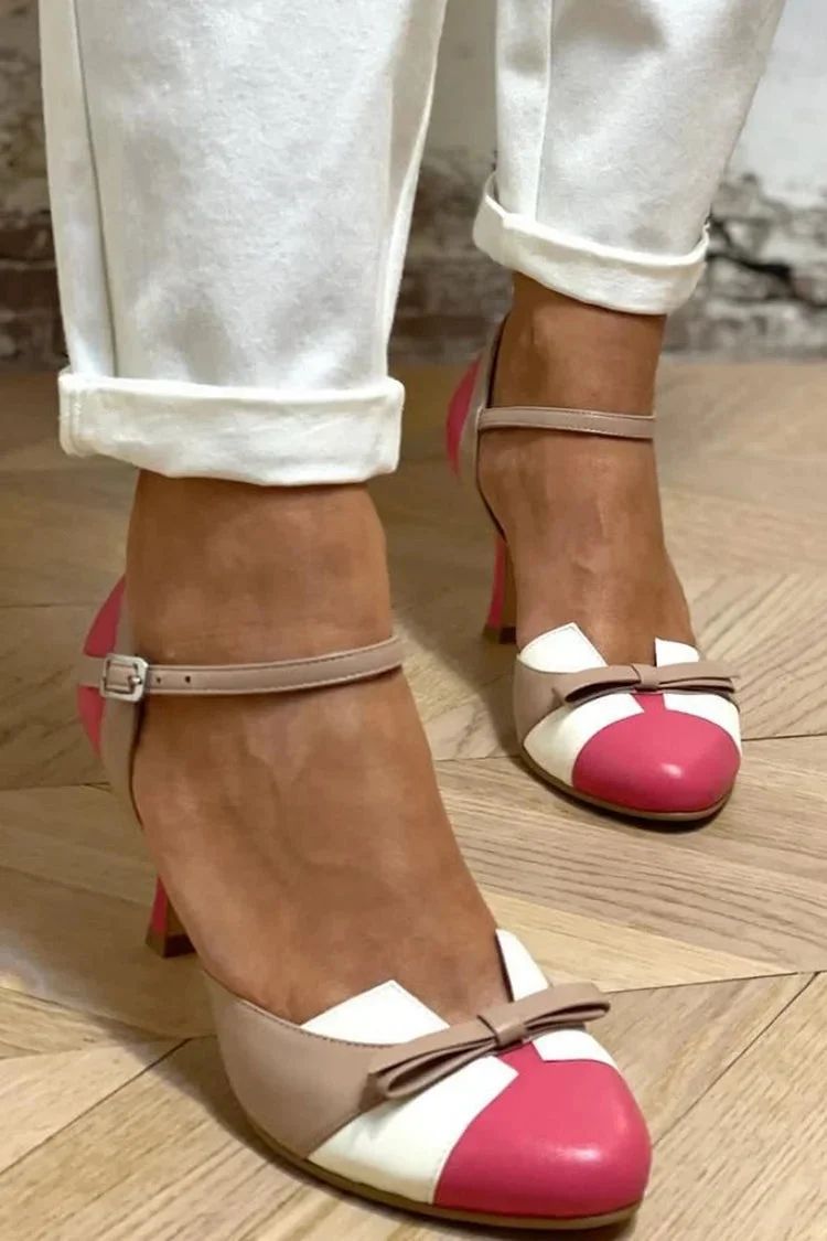 Fuchsia Colour-Block Patchwork Round-Toe Stilettos with Bow
