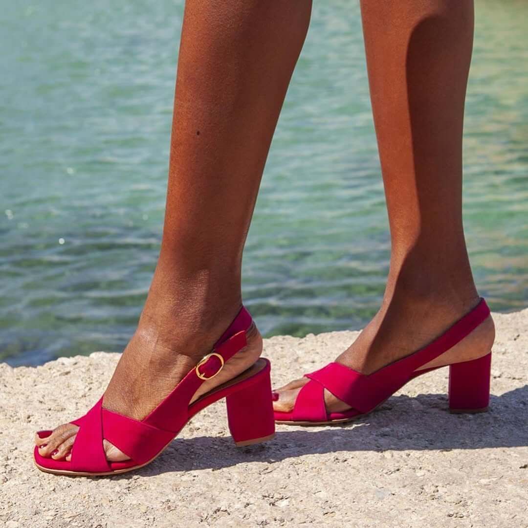 Suede Slingback Sandals with Crossover Straps and Block Heel