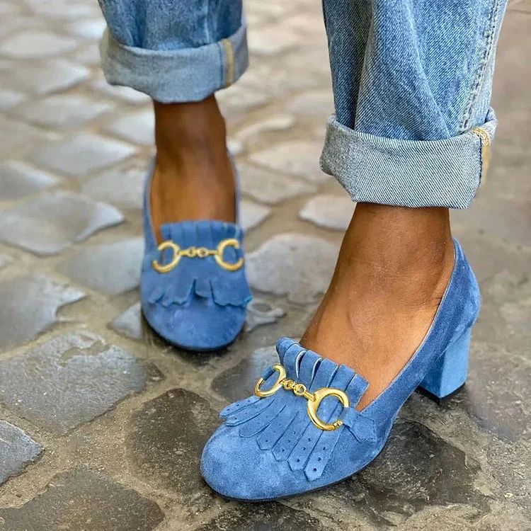 Matt Round-Toe Block Heels with Buckle and Fringe