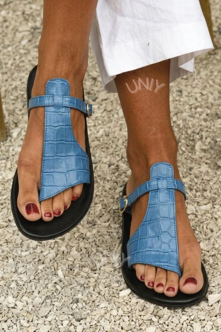 Crocodile-Effect Thong Sandals with Buckled Instep Strap