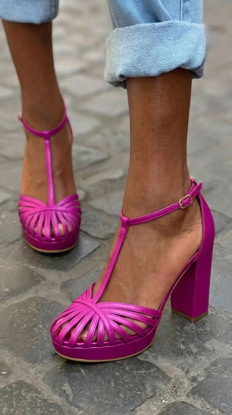 Purple Round-Toe Platform Sandals with T-Bar Strap and Wide Block Heel