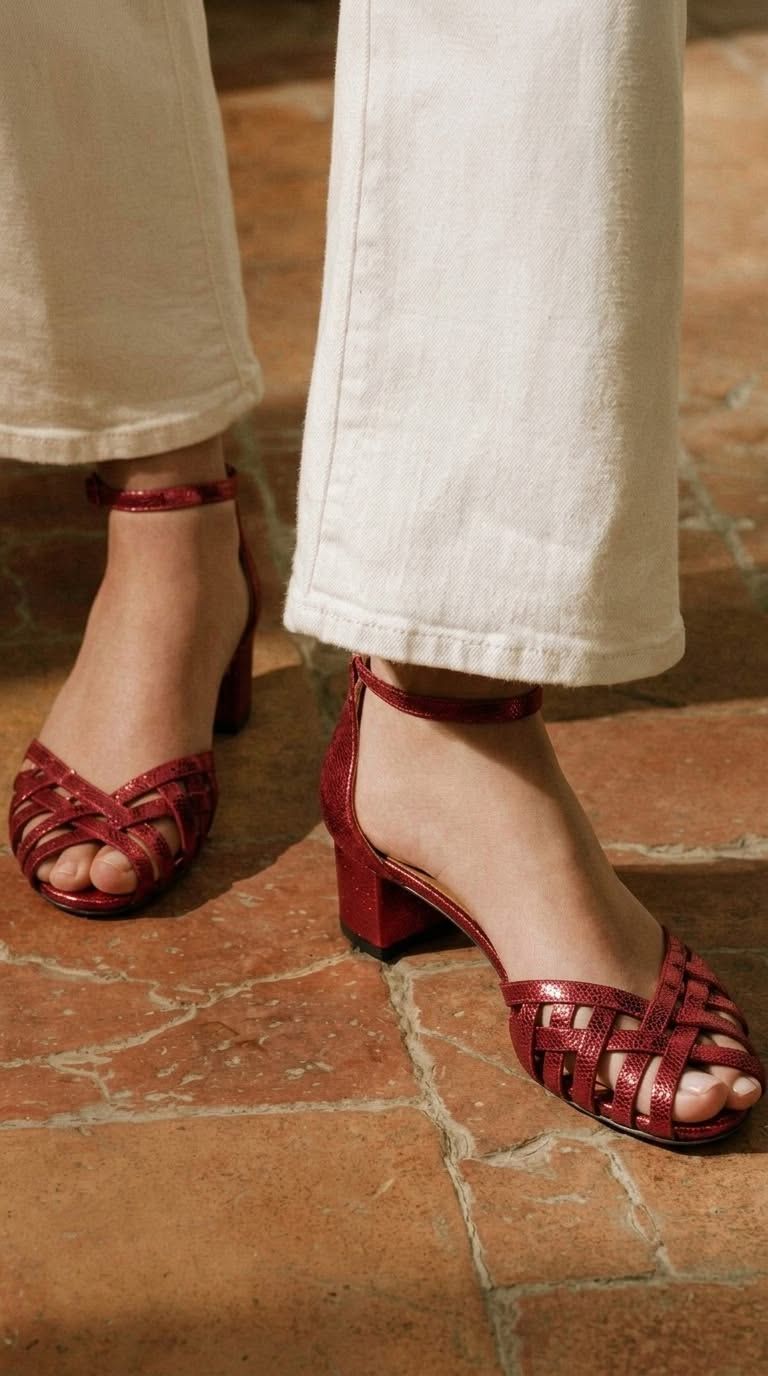Gold Woven Peep-Toe Block Heels with Ankle Strap and Buckle