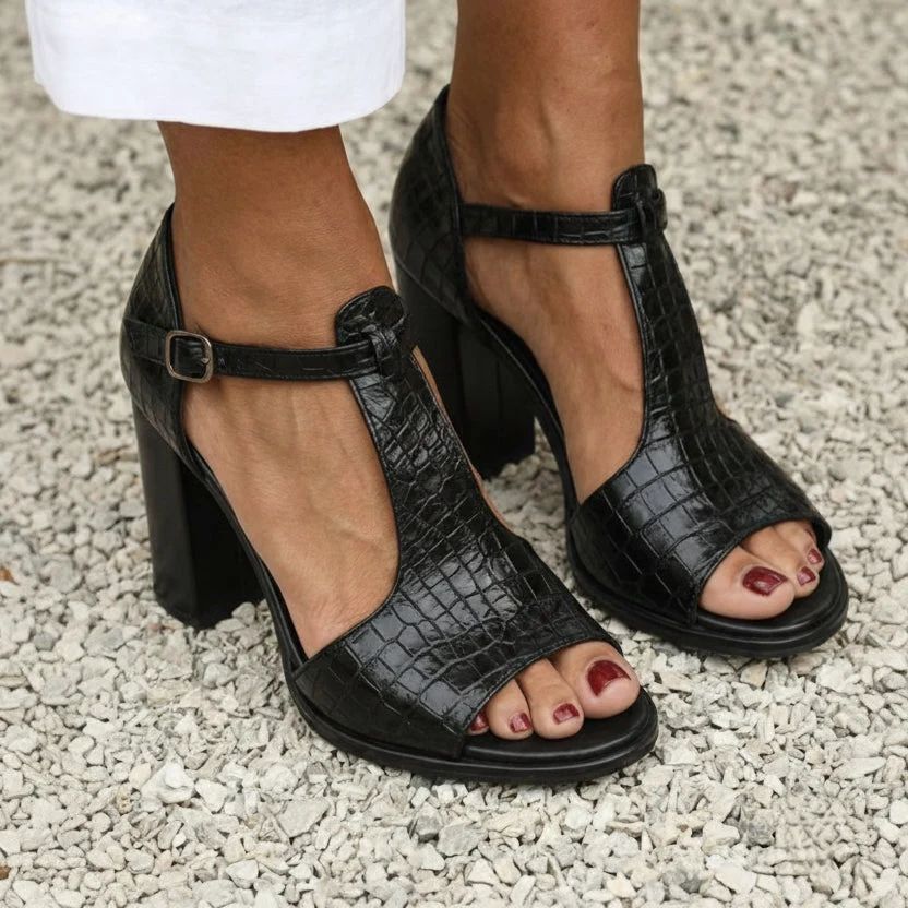 Black Crocodile-Effect Block-Heel Sandals with T-Bar Strap