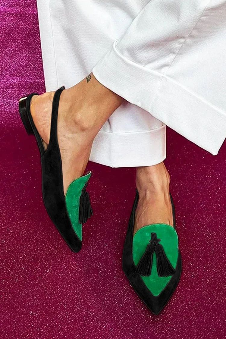 Black Colour-Block Pointed-Toe Slingback Flats with Tassels