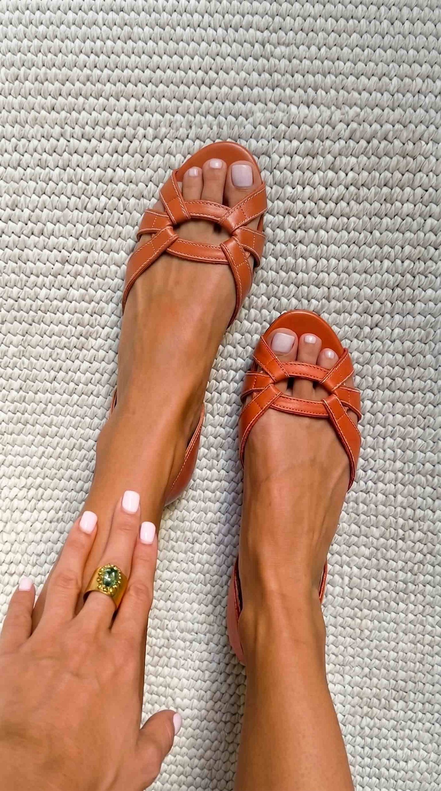 Cognac Flat Open-Toe Cut-Out Slingback Sandals with Straps