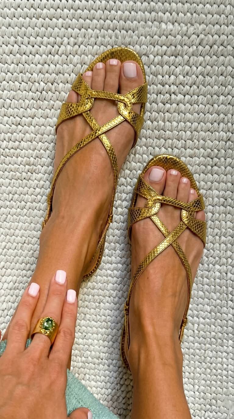 Bronze Snakeskin-Print Sandals with Open Toe and Back Strap