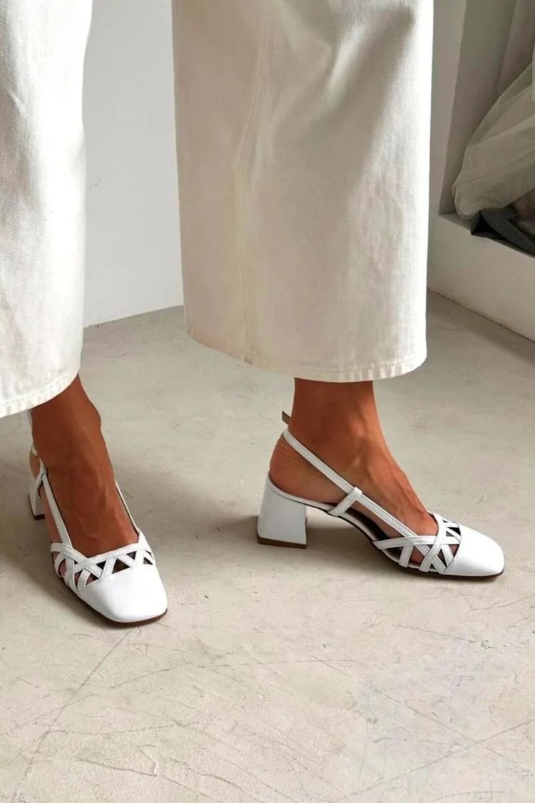 White Cut-Out Square-Toe Slingback Block Heels