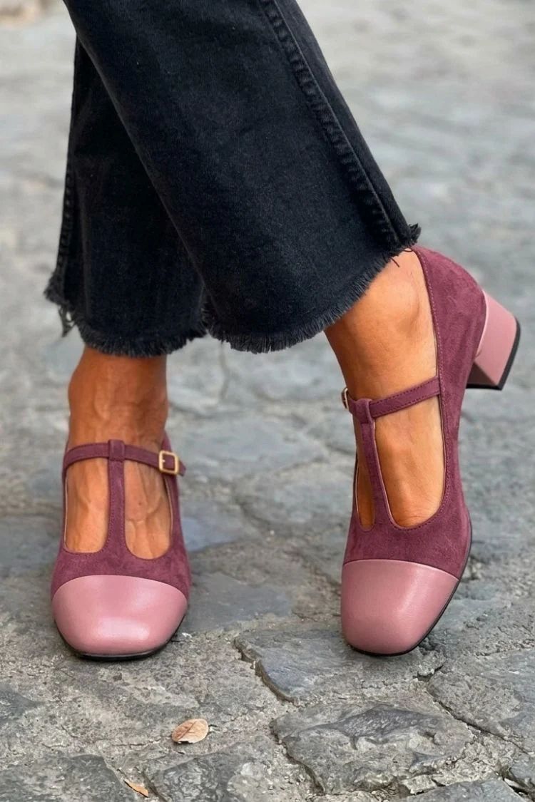 Purple Colour-Block Round-Toe Block Heels with Buckle and T-Bar Strap
