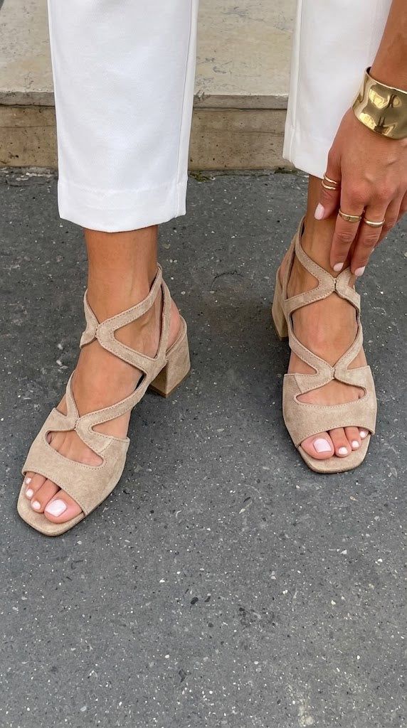 Beige Suede Square-Toe Strappy Block Heels