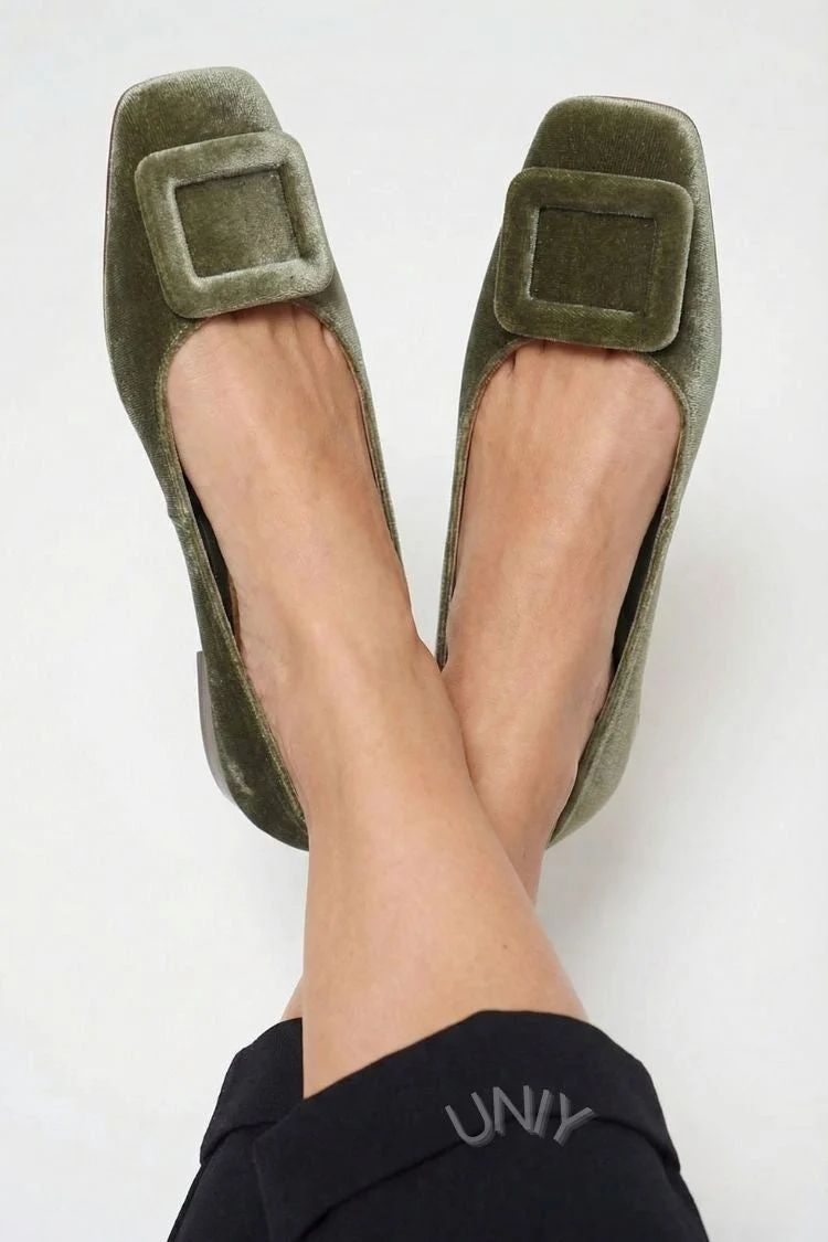 Velvet Square-Toe Flats with Buckle