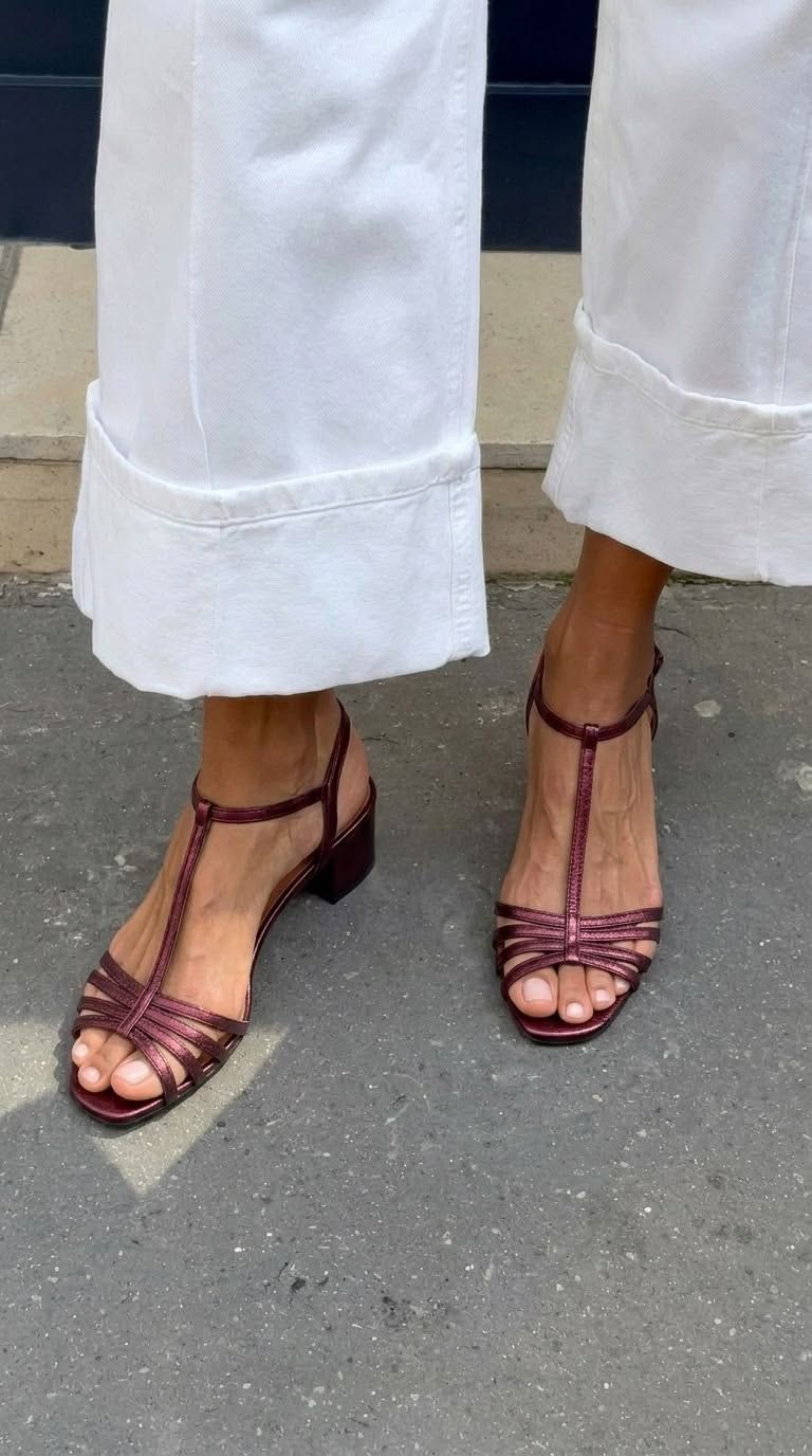 Metallic Block-Heel Sandals with Buckle and T-Bar Strap