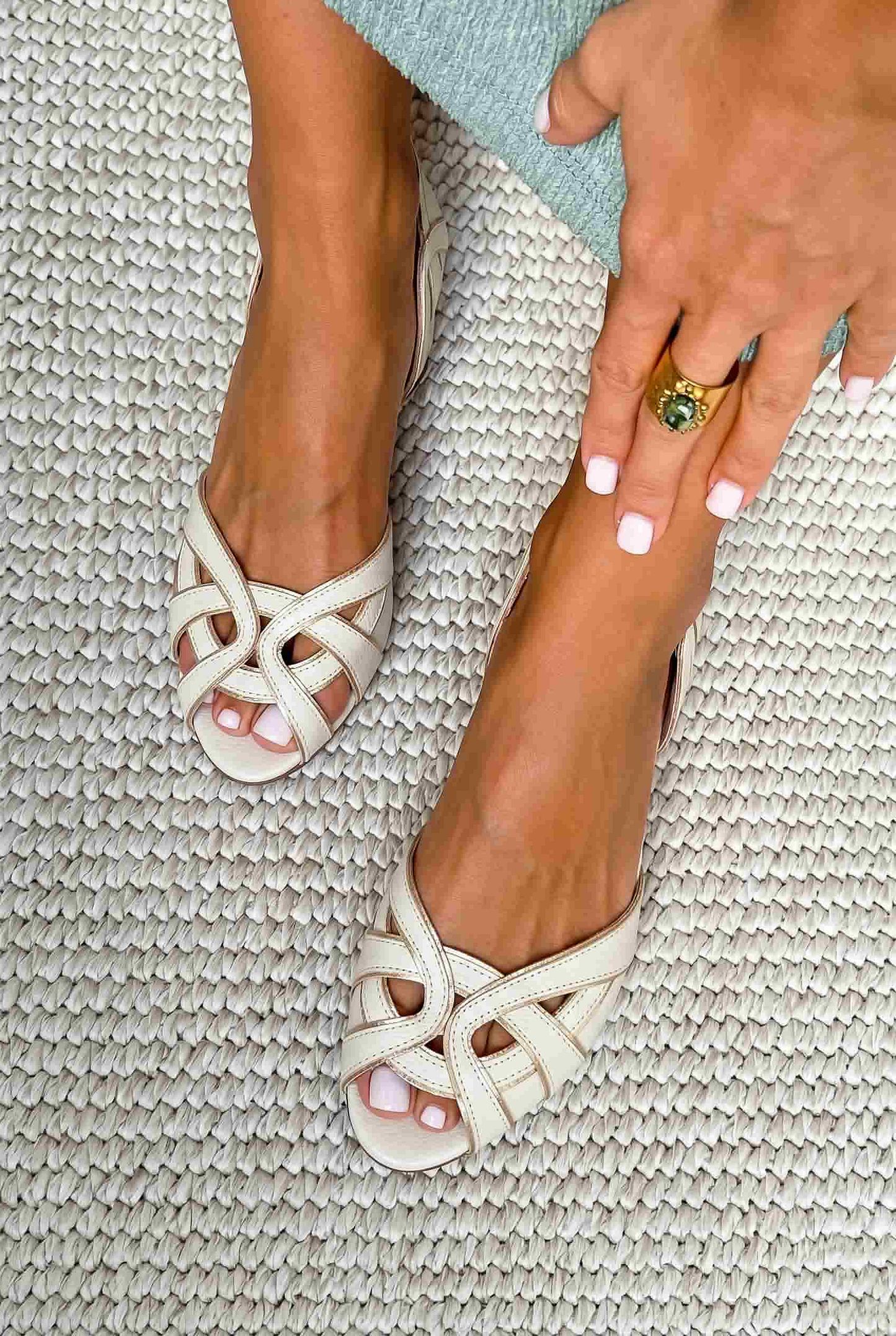 White Flat Peep-Toe Cut-Out Slingback Sandals with Straps
