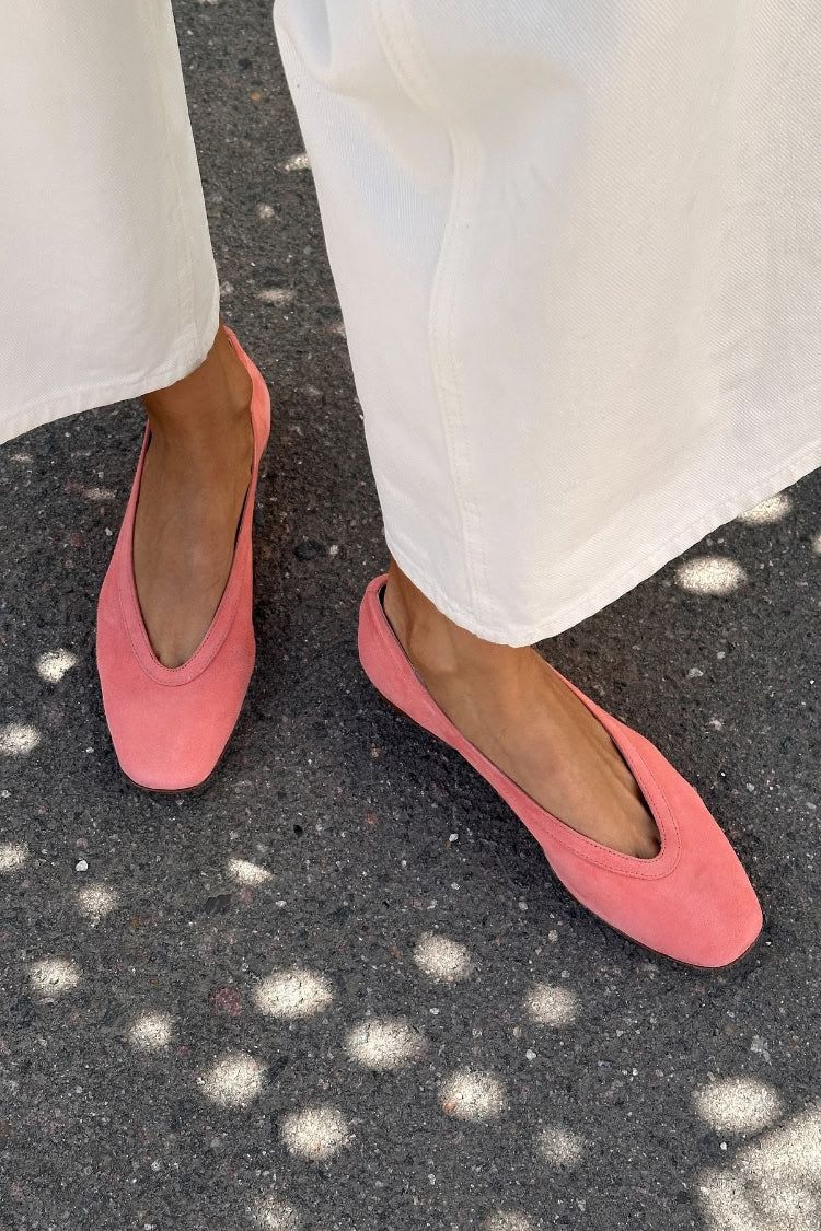 Pink Suede Slip-On Flats with V-Cut and Square Toe