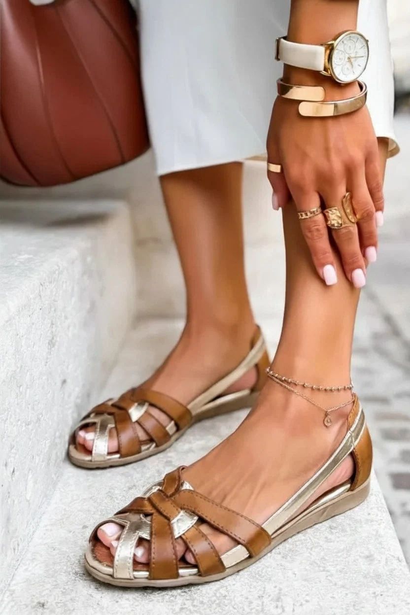 Brown Metallic Woven Summer Flat Strappy Sandals