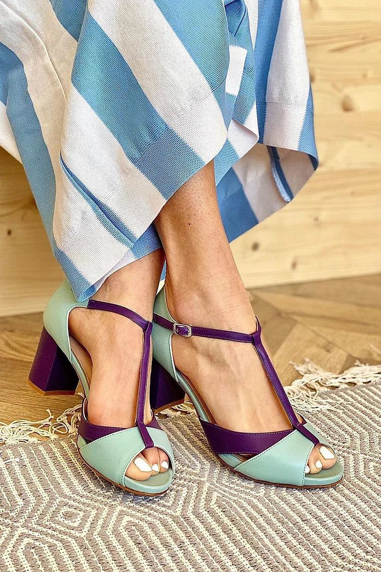 Colour-Block Mid Heels with T-Bar Strap and Open Toe