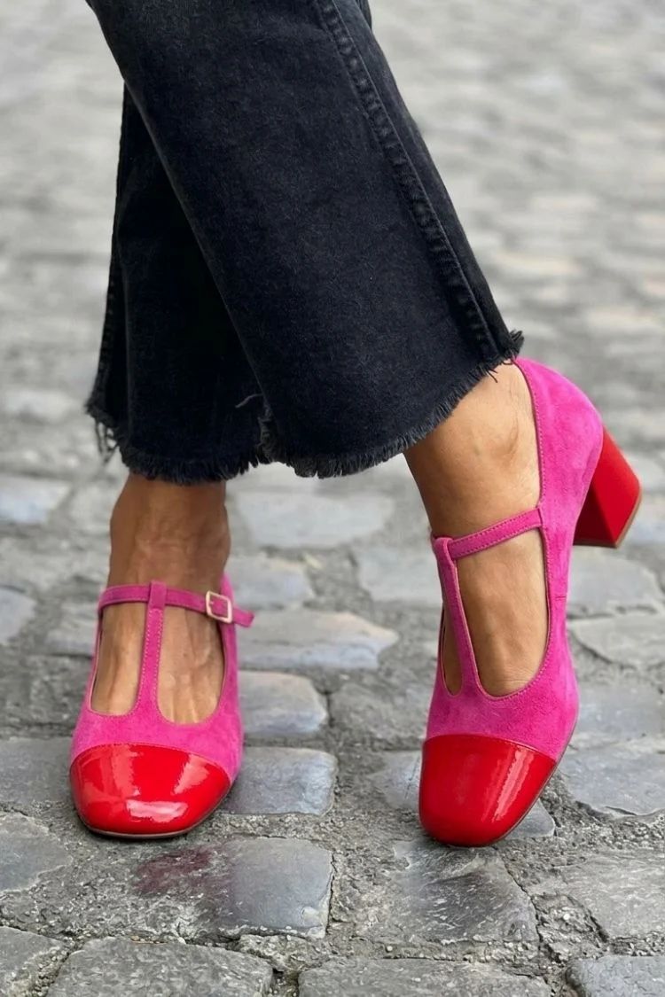 Purple Colour-Block Round-Toe Block Heels with Buckle and T-Bar Strap
