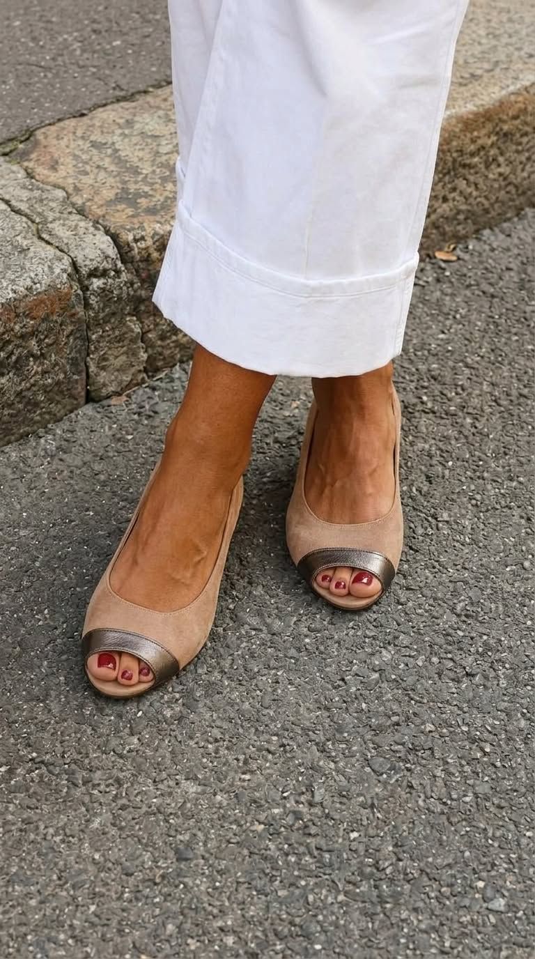 Taupe Slip-On Peep-Toe Flats with Metallic Toe Cap