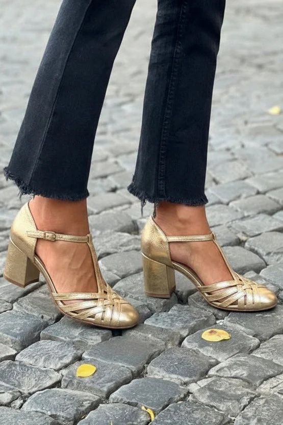 Chic Champagne Gold Chunky Heels with Woven T-Bar Strap