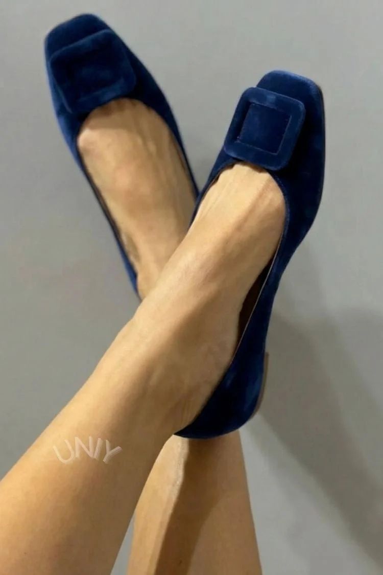 Velvet Square-Toe Flats with Buckle