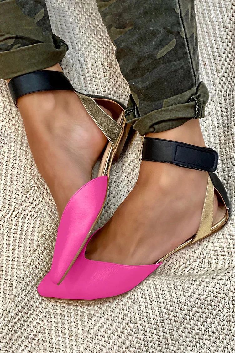 Colour-Block Pointed-Toe Cut-Out Flats with Ankle Strap