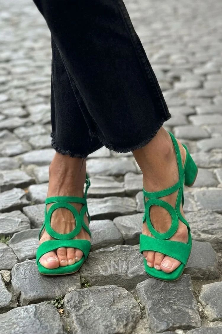 Yellow Cut-Out Square-Toe Slingback Heeled Sandals