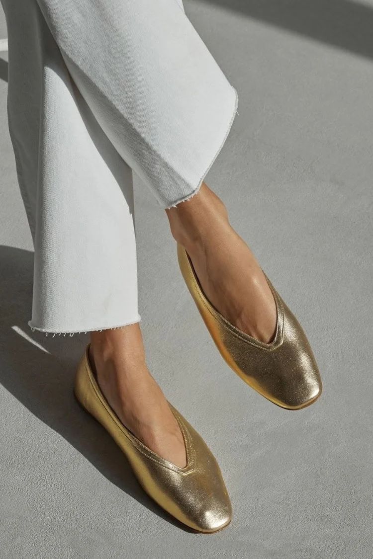 Metallic Gold Square-Toe Slip-On Flats