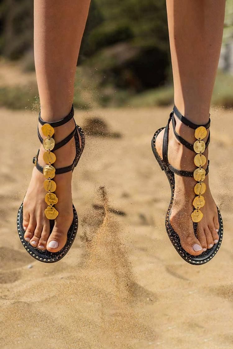 Black Sandals with Buckled Ankle Strap and Asymmetric Metal Detail