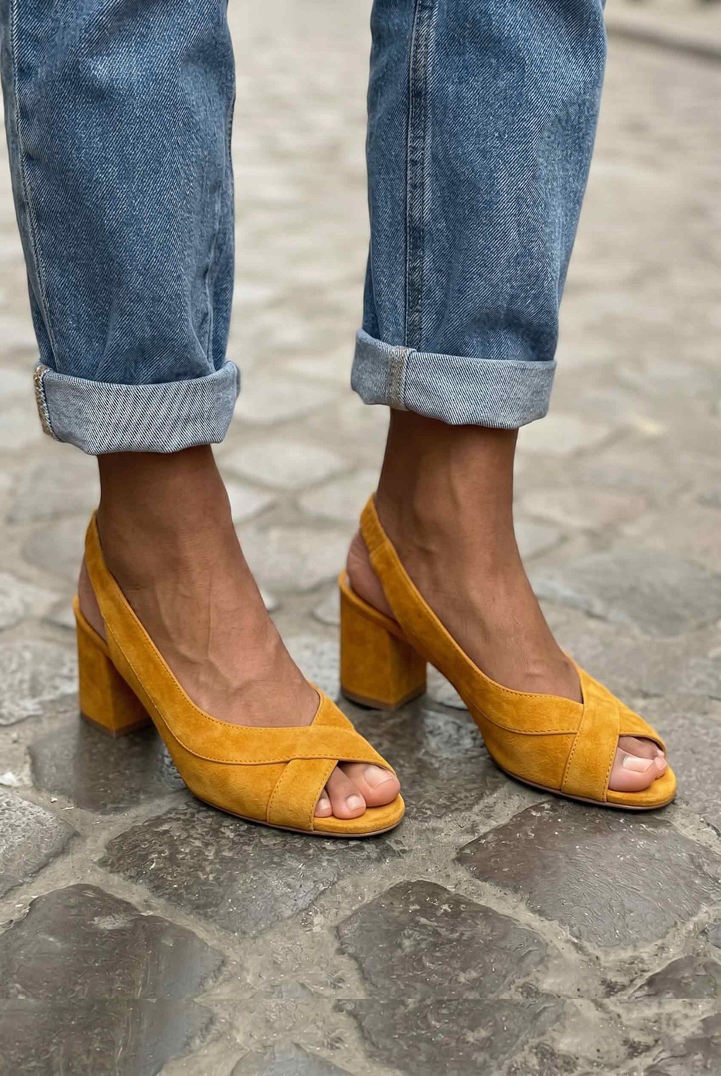 Mustard Suede Block-Heel Sandals with Crossover Straps and Peep Toe