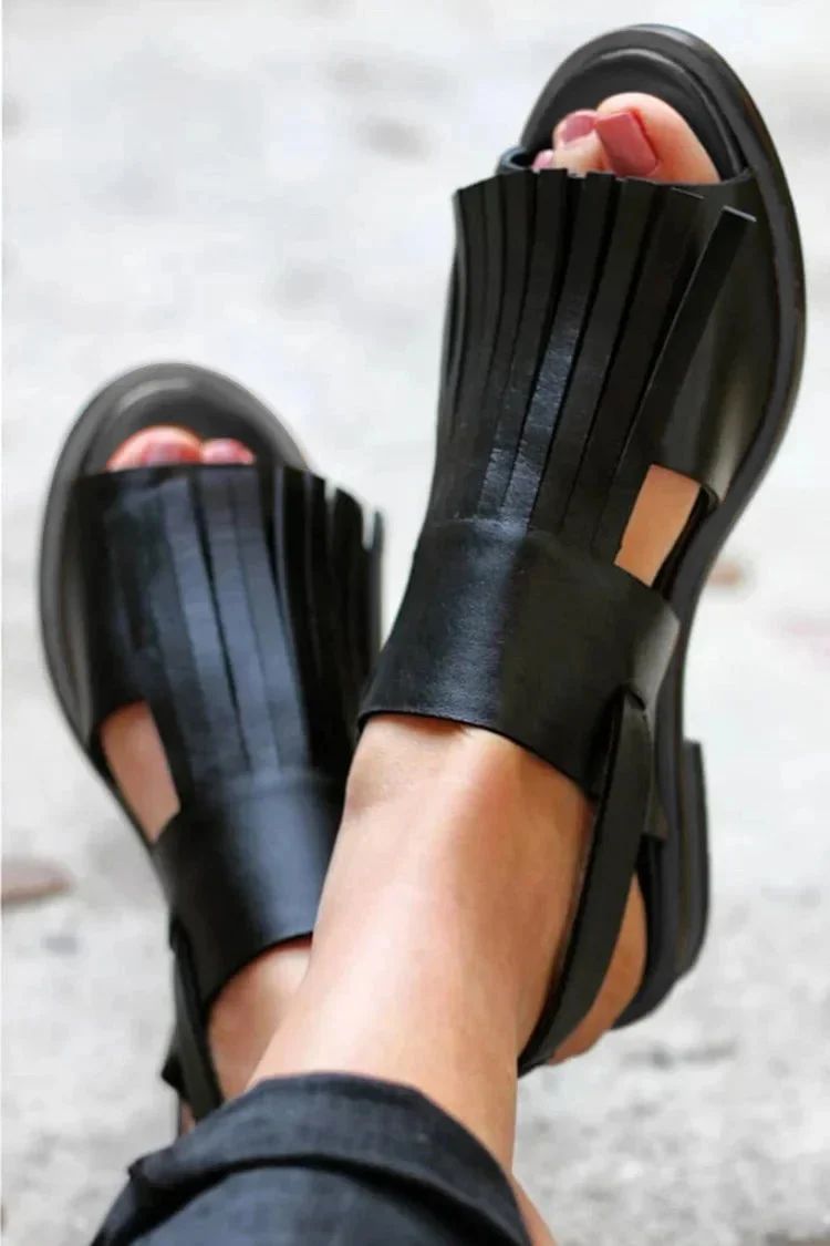 Simple Black Cut-Out Slingback Sandals with Fringe