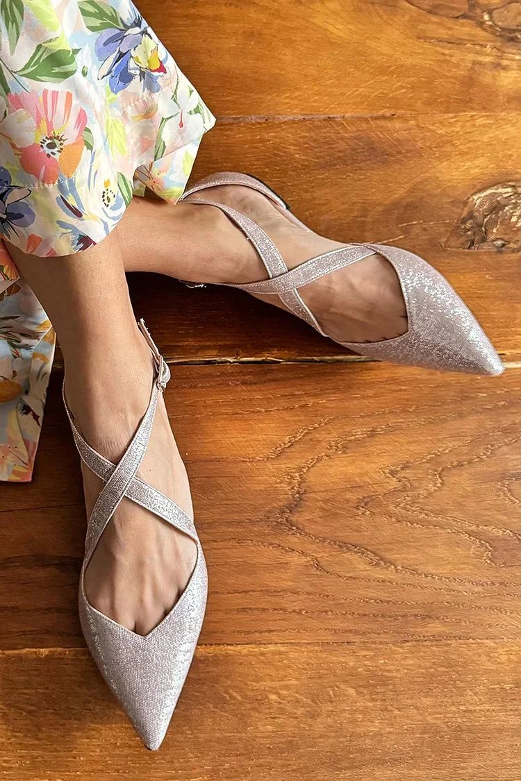 Silver Glitter Pointed-Toe Flats with Crossover Ankle Strap and Buckle