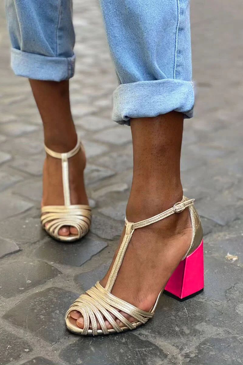 Peep-Toe Block Heels with Buckle, T-Bar Strap and Straps