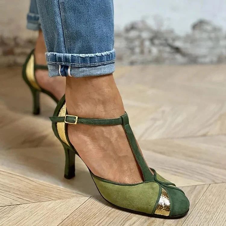 Closed-Toe Patchwork Stilettos with Buckle and T-Bar Strap