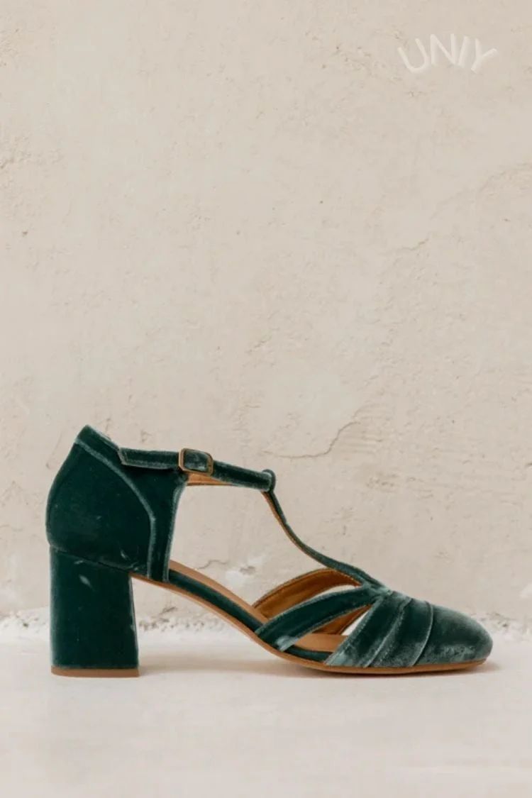 Velvet Cut-Out Block Heels with Buckle and T-Bar Strap