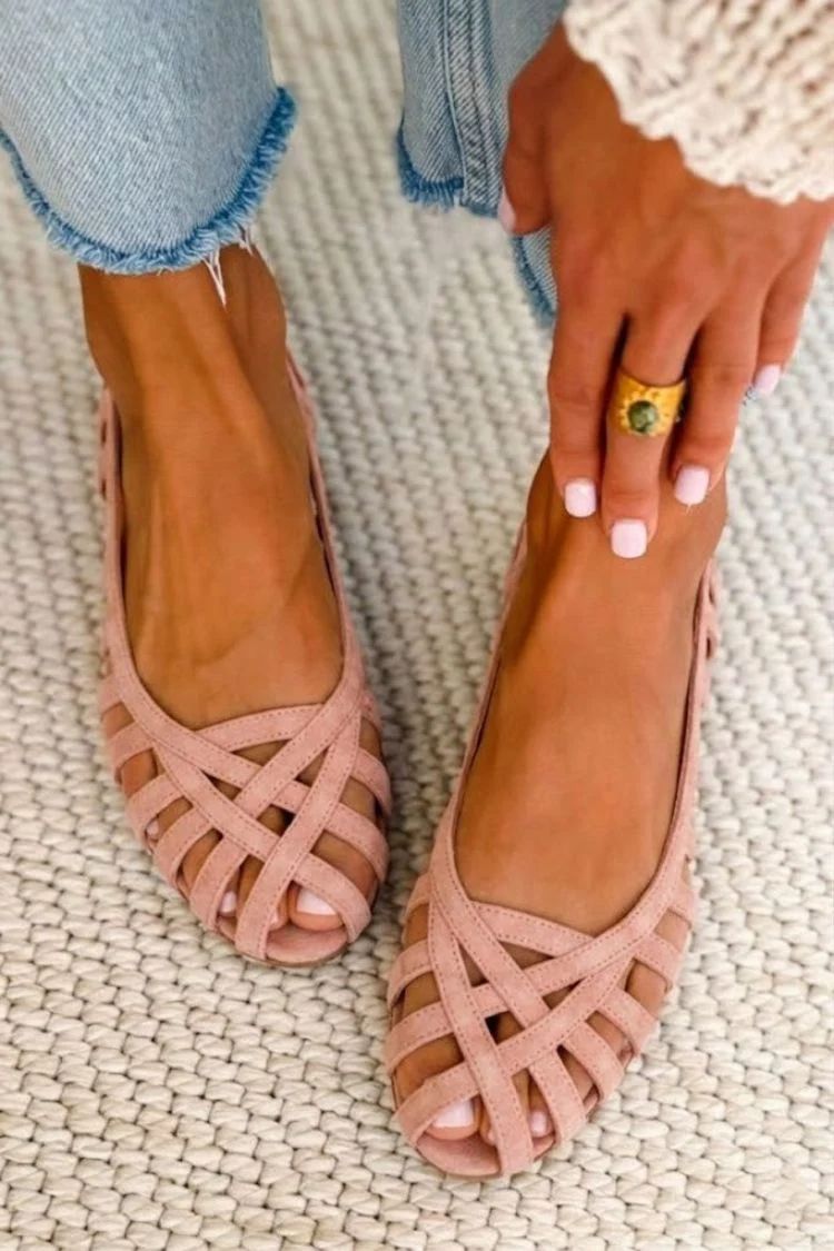 Dusty Pink Suede Flats with Woven Straps and Cut-Outs