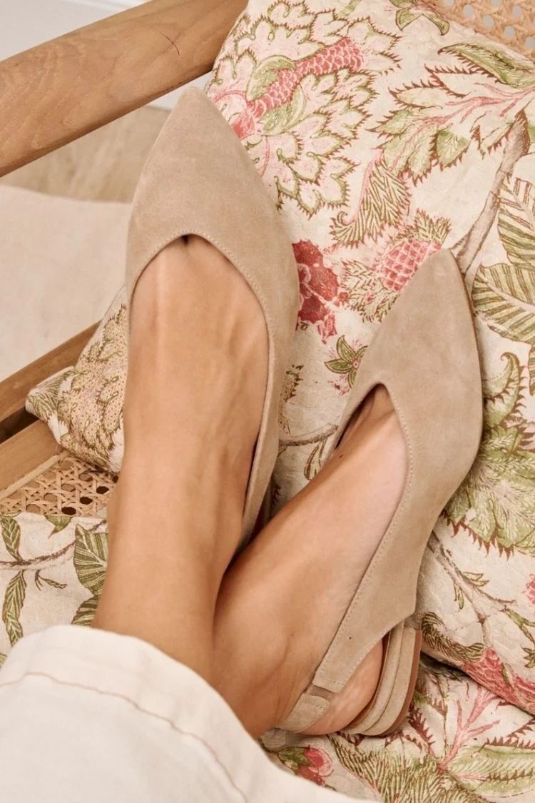 Beige Suede Pointed-Toe Slingback Flats