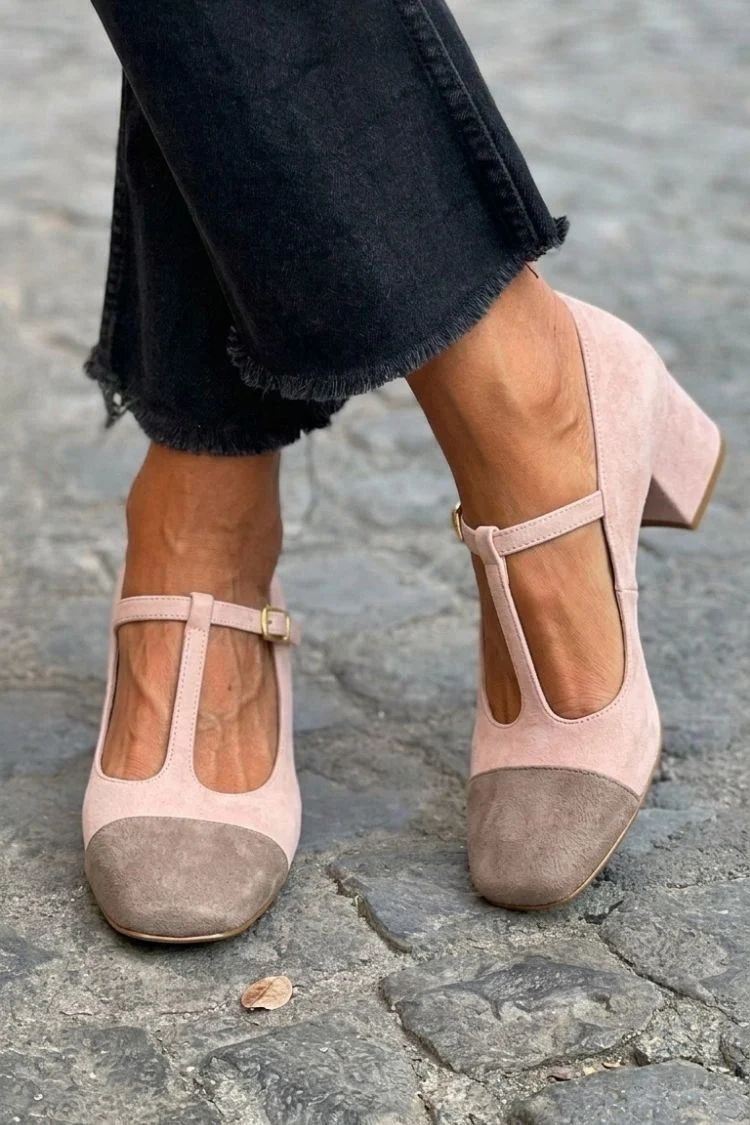 Red Patchwork Round-Toe Block Heels with Buckle and T-Bar Strap