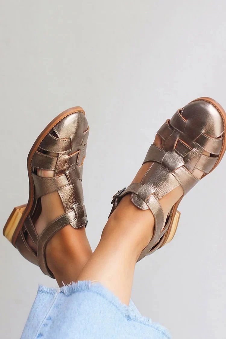 Shiny Metallic Champagne Woven Round-Toe Flats