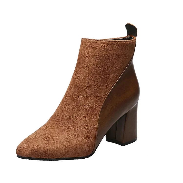 Pointed-Toe Patchwork Chunky-Heel Ankle Boots with Zip