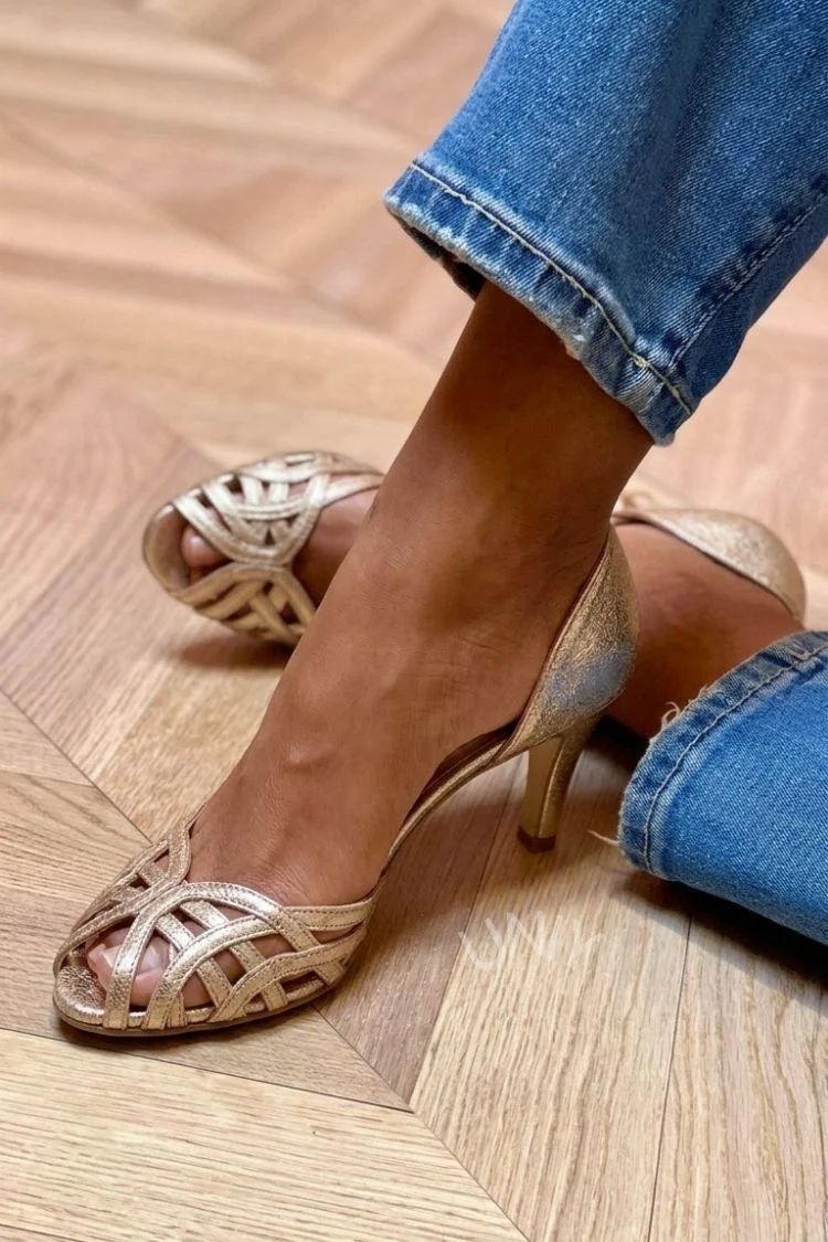 Metallic Gold Peep-Toe Mid Heels